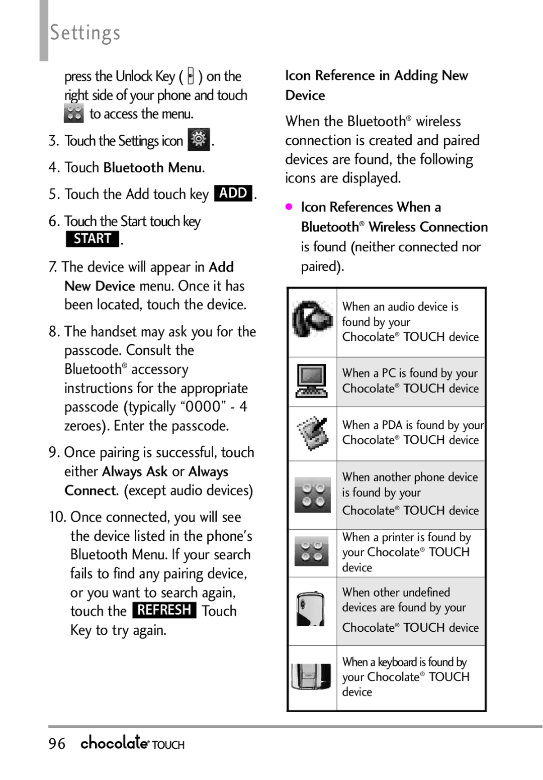 LG Electronics VX8575 manual Settings, Icon Reference in Adding New Device, Is found neither connected nor paired 