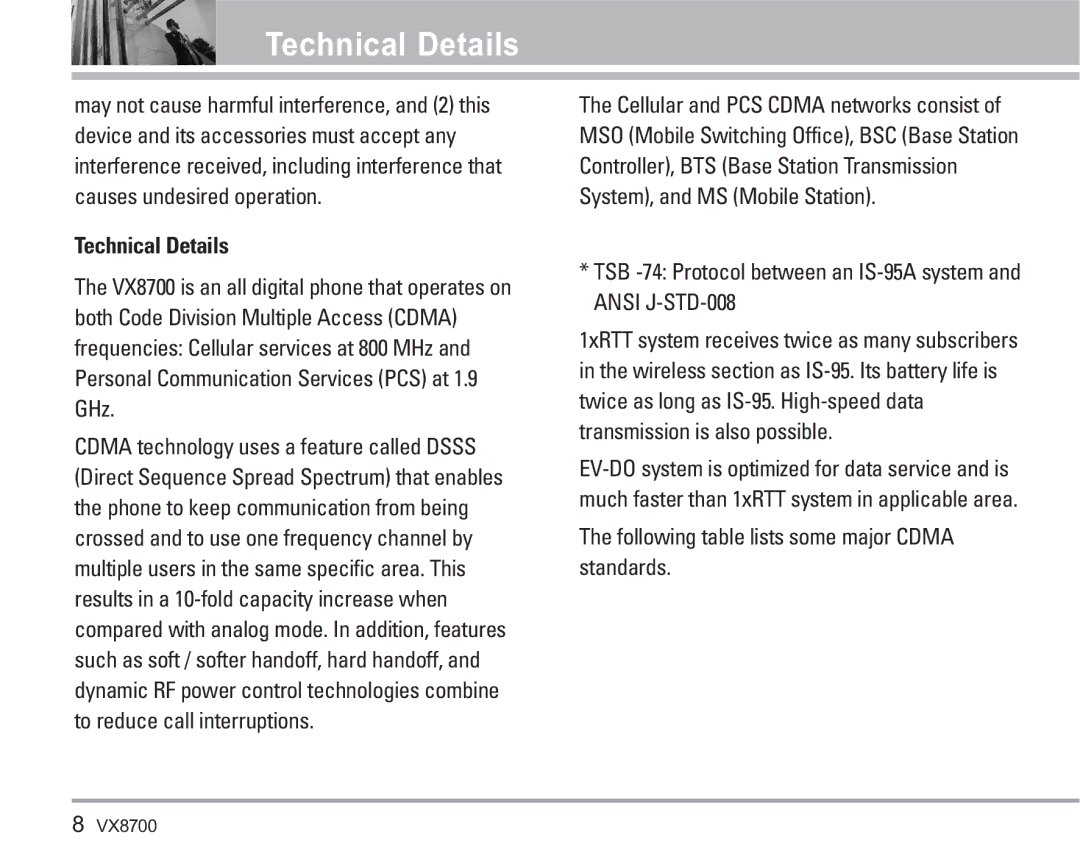 LG Electronics VX8700 manual Technical Details, Following table lists some major Cdma standards 