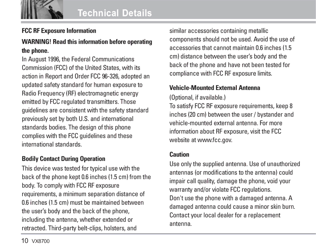 LG Electronics VX8700 manual FCC RF Exposure Information, Bodily Contact During Operation, Vehicle-Mounted External Antenna 