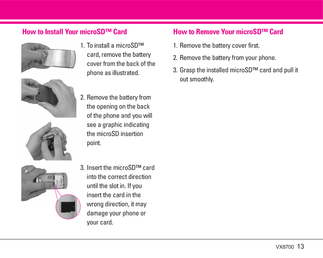 LG Electronics VX8700 manual How to Install Your microSD Card, How to Remove Your microSD Card, Insert the microSD card 