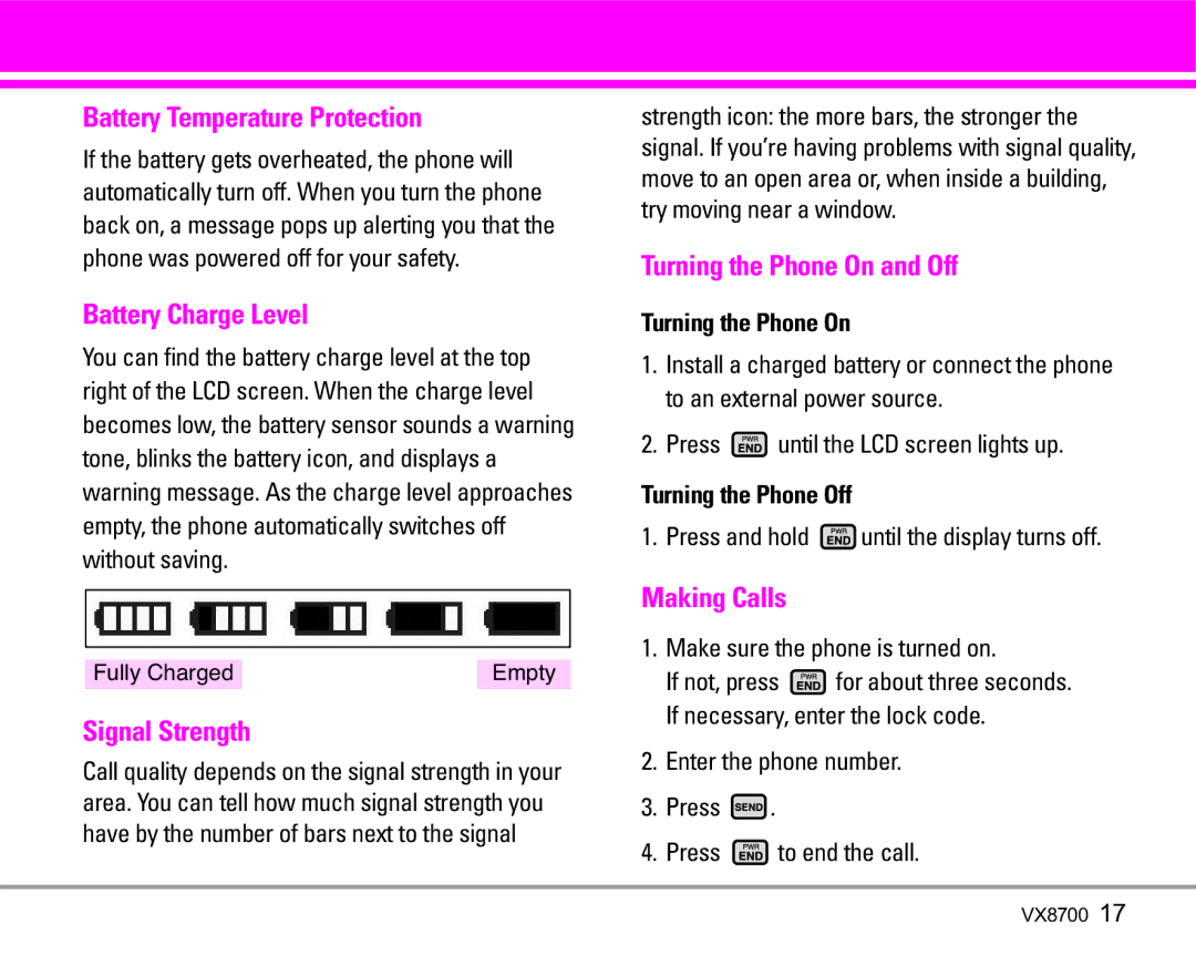 LG Electronics VX8700 Battery Temperature Protection, Battery Charge Level, Signal Strength, Turning the Phone On and Off 