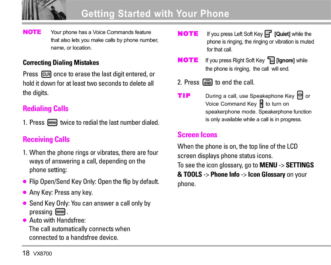 LG Electronics VX8700 manual Redialing Calls, Receiving Calls, Screen Icons, Correcting Dialing Mistakes 