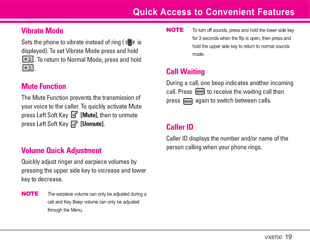 LG Electronics VX8700 manual Quick Access to Convenient Features 