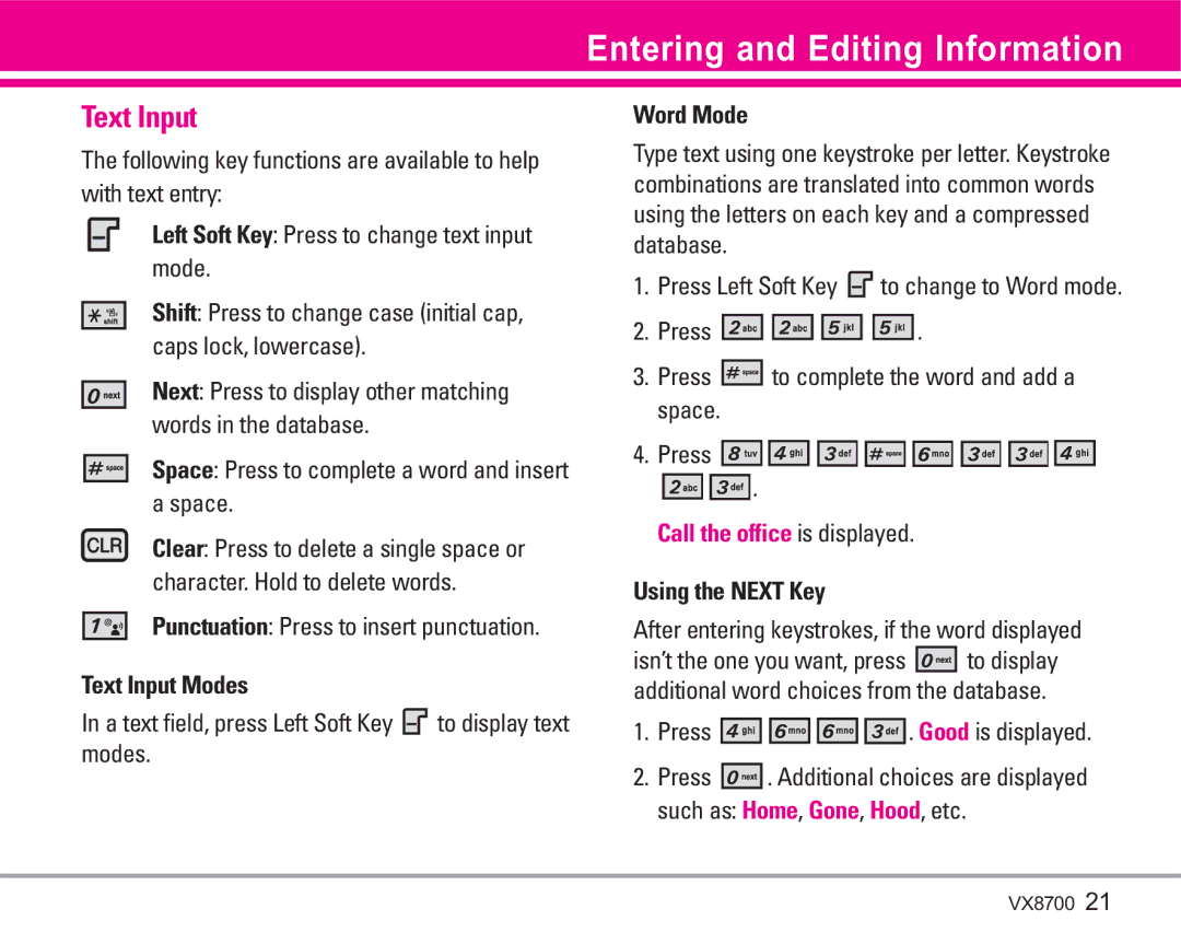 LG Electronics VX8700 manual Entering and Editing Information, Word Mode, Text Input Modes, Using the Next Key 