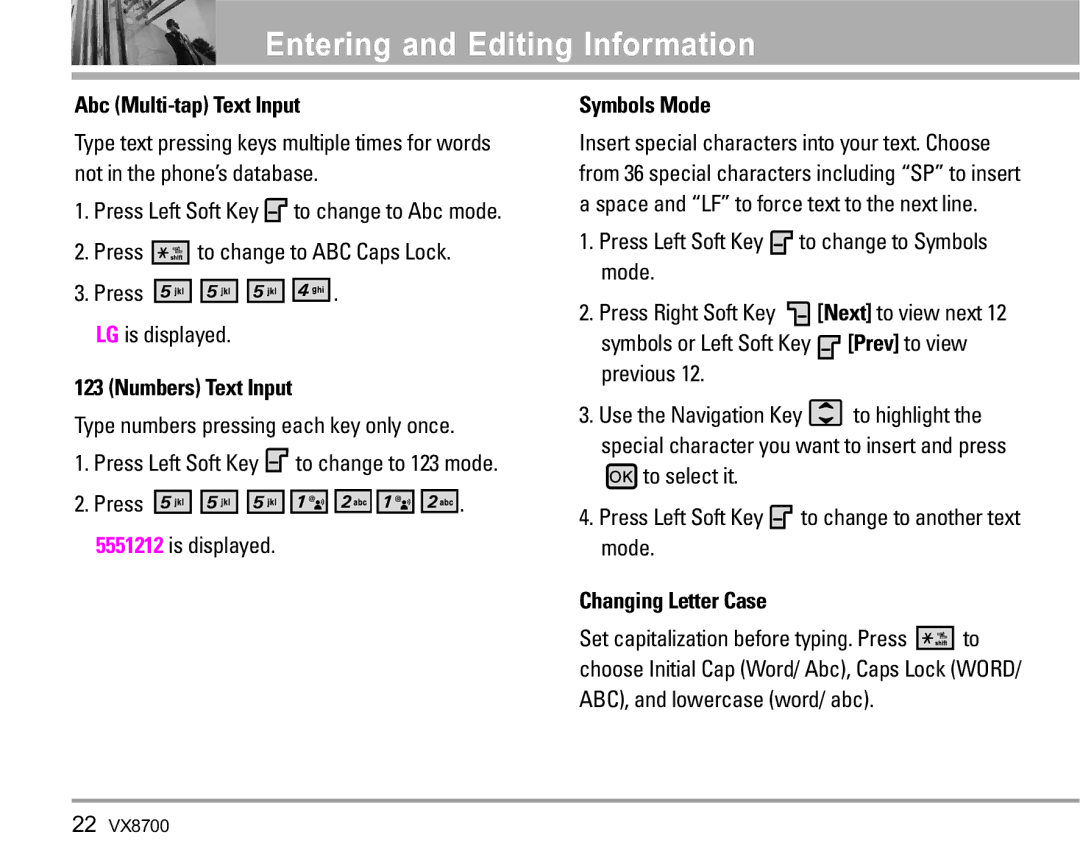 LG Electronics VX8700 manual Abc Multi-tap Text Input, Numbers Text Input, Symbols Mode, Changing Letter Case 