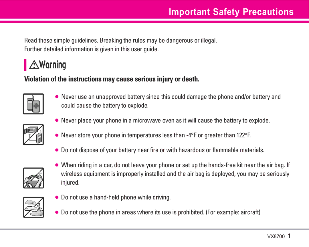 LG Electronics VX8700 manual Important Safety Precautions 