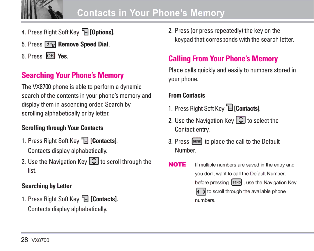 LG Electronics VX8700 manual Searching Your Phone’s Memory, Calling From Your Phone’s Memory 