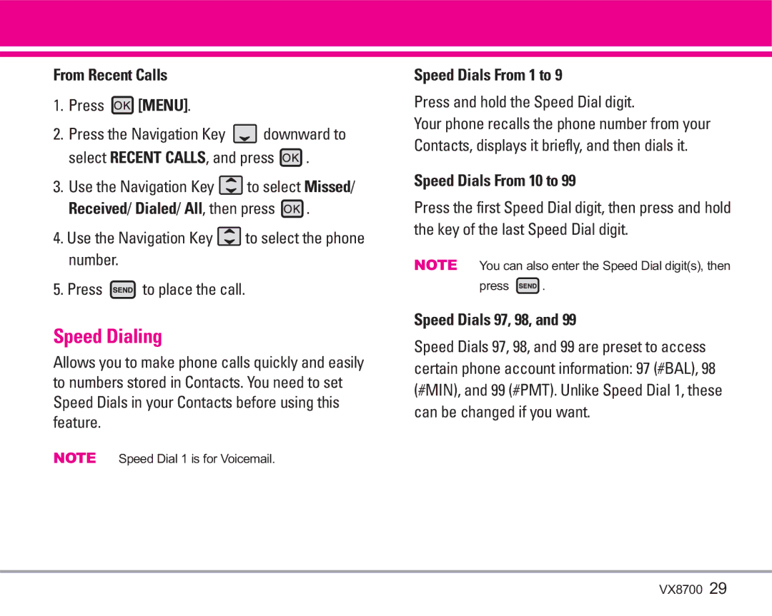 LG Electronics VX8700 From Recent Calls, Speed Dials From 1 to, Press and hold the Speed Dial digit, Speed Dials 97, 98 
