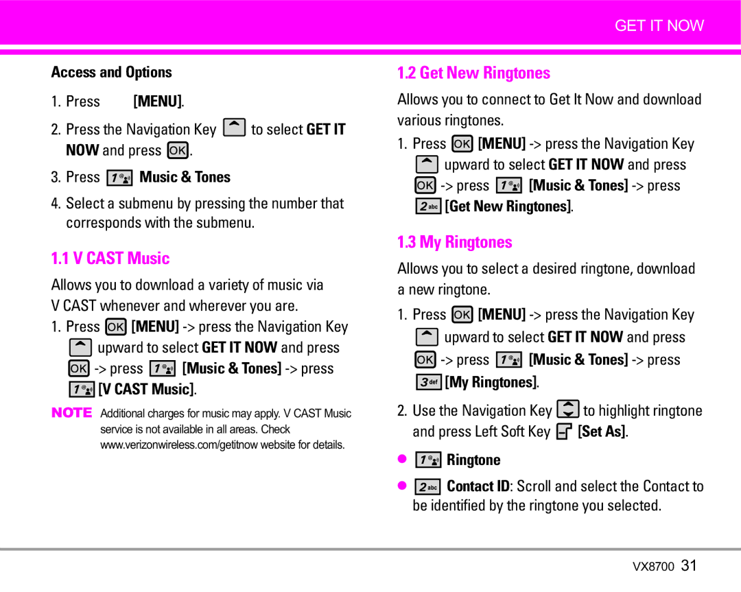 LG Electronics VX8700 manual Cast Music, Get New Ringtones, My Ringtones 