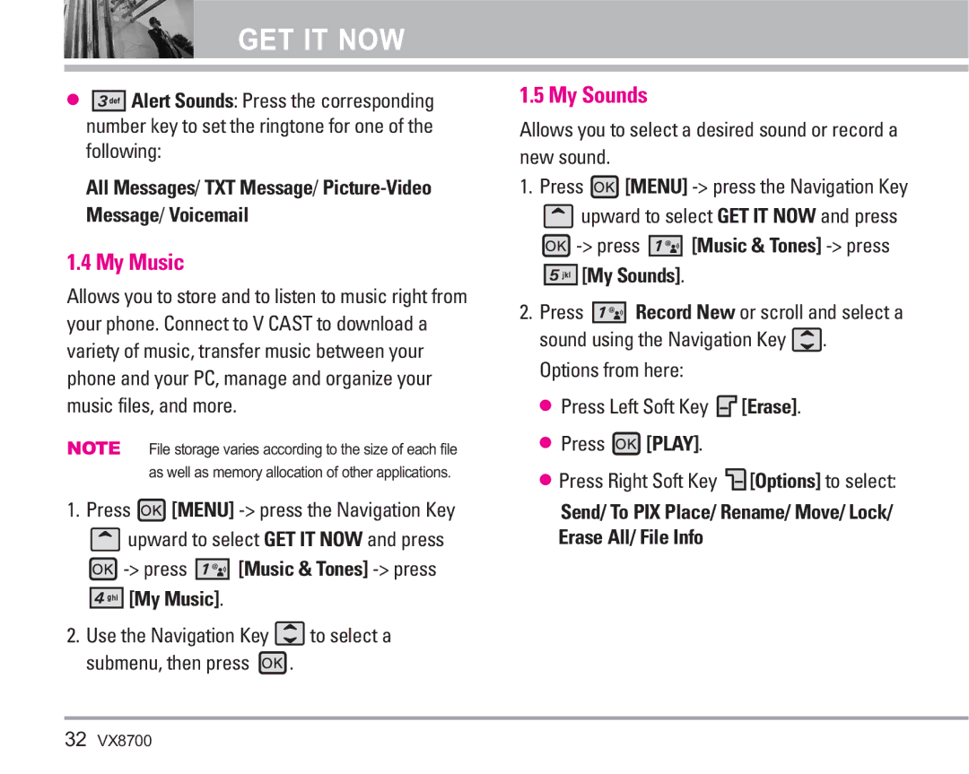 LG Electronics VX8700 manual My Music, My Sounds, Use the Navigation Key to select a Submenu, then press 