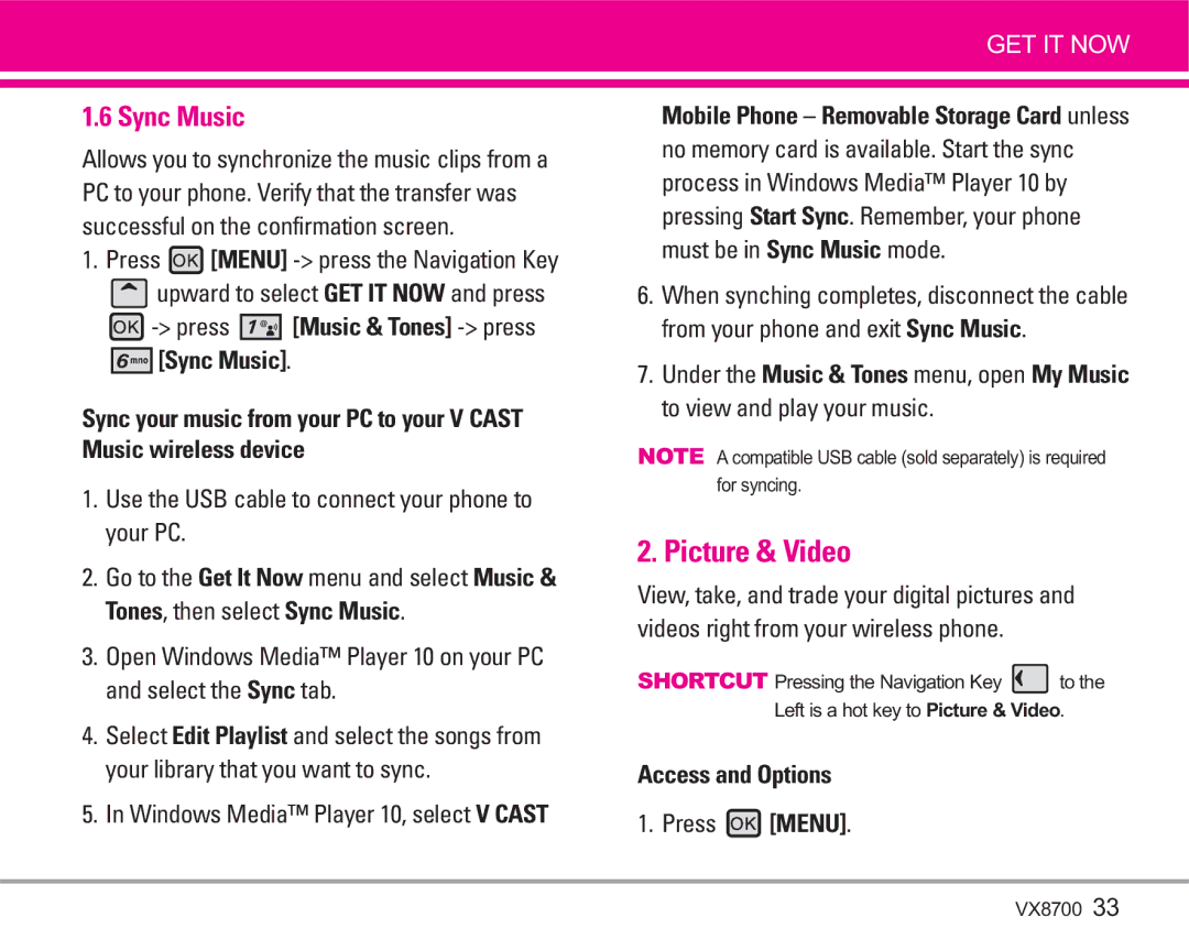 LG Electronics VX8700 manual Picture & Video, Sync Music, Use the USB cable to connect your phone to your PC, Press Menu 
