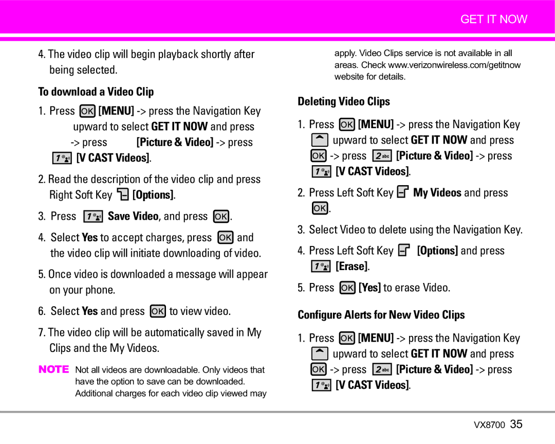 LG Electronics VX8700 manual To download a Video Clip, Deleting Video Clips, Configure Alerts for New Video Clips 