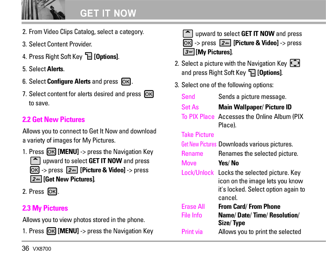 LG Electronics VX8700 manual Get New Pictures, My Pictures 