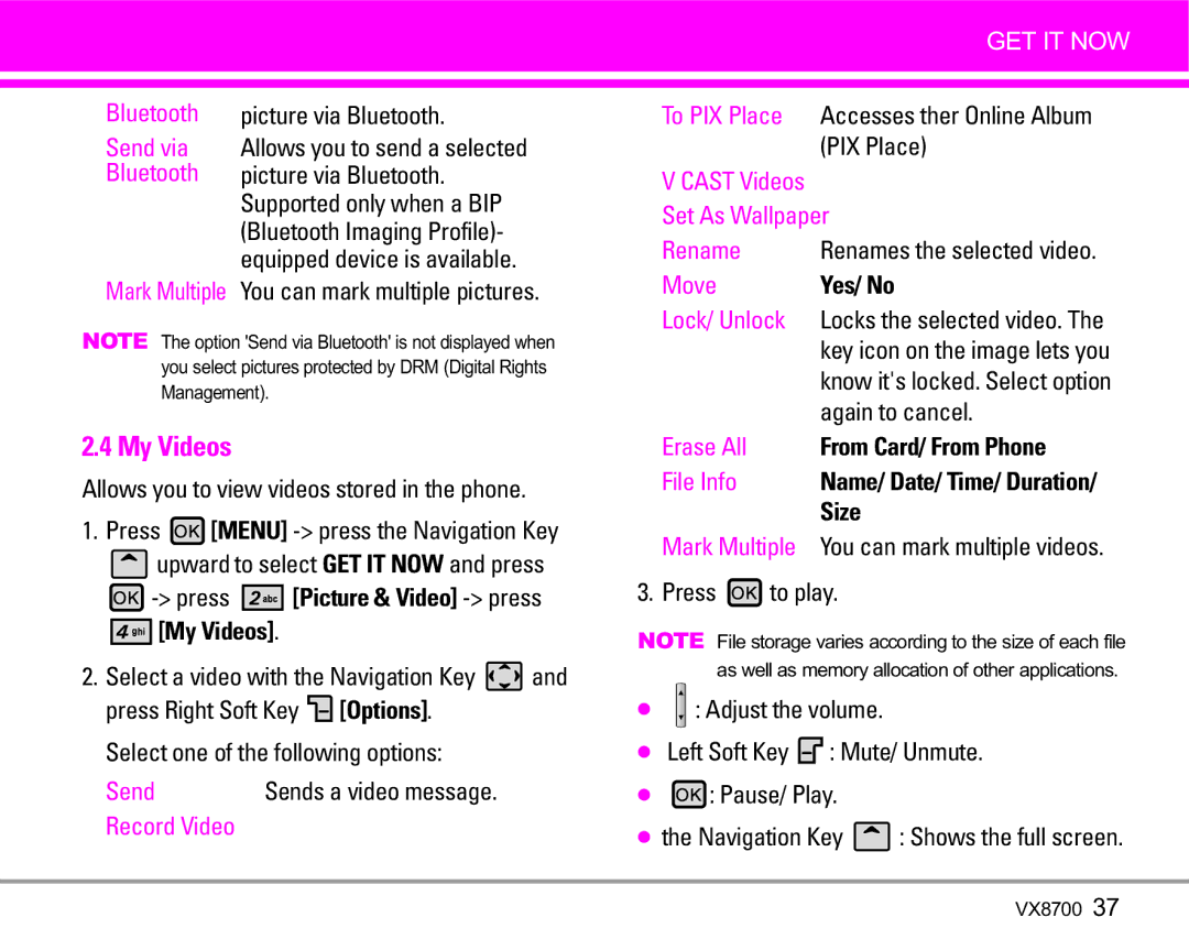 LG Electronics VX8700 manual My Videos, Picture via Bluetooth, Mark Multiple You can mark multiple pictures 