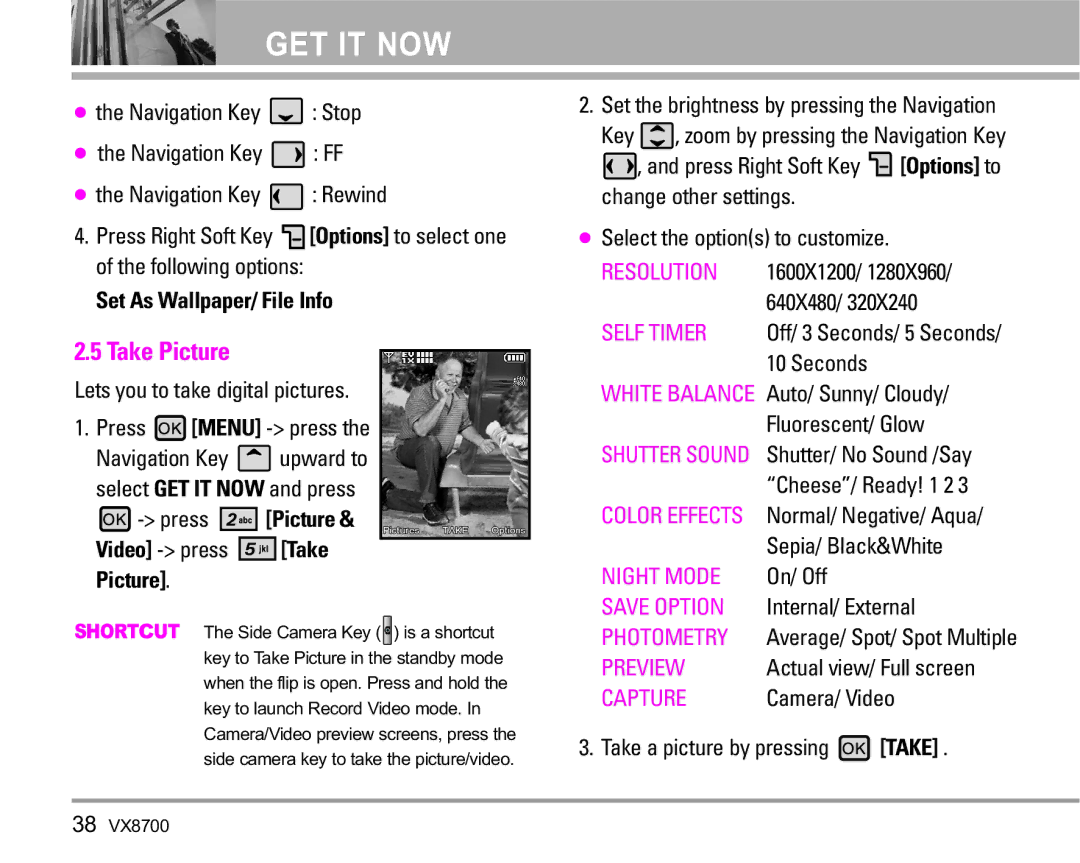 LG Electronics VX8700 manual Take Picture, Set As Wallpaper/ File Info, Press Picture 
