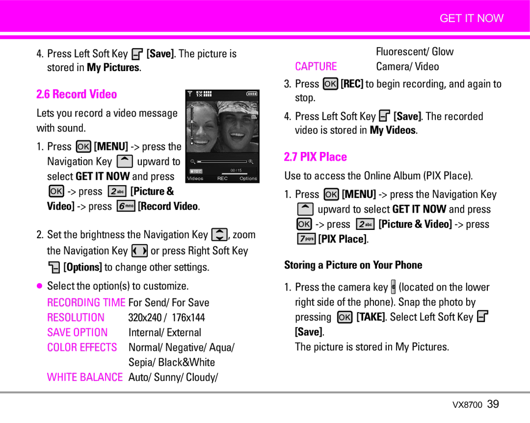 LG Electronics VX8700 manual PIX Place, Press Picture Video press Record Video 