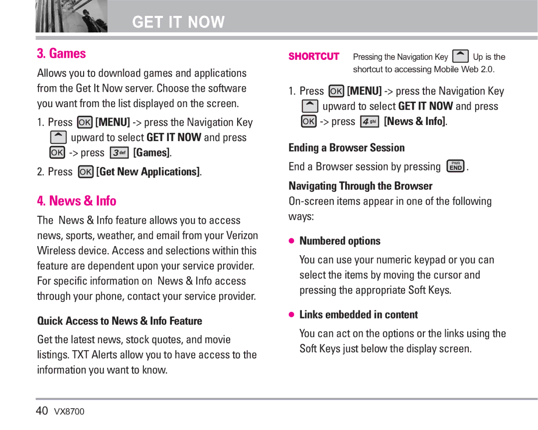 LG Electronics VX8700 manual Games, News & Info 