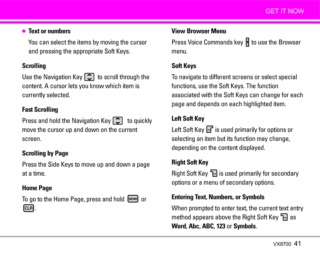 LG Electronics VX8700 Text or numbers, Fast Scrolling, Scrolling by, Home, View Browser Menu, Soft Keys, Left Soft Key 