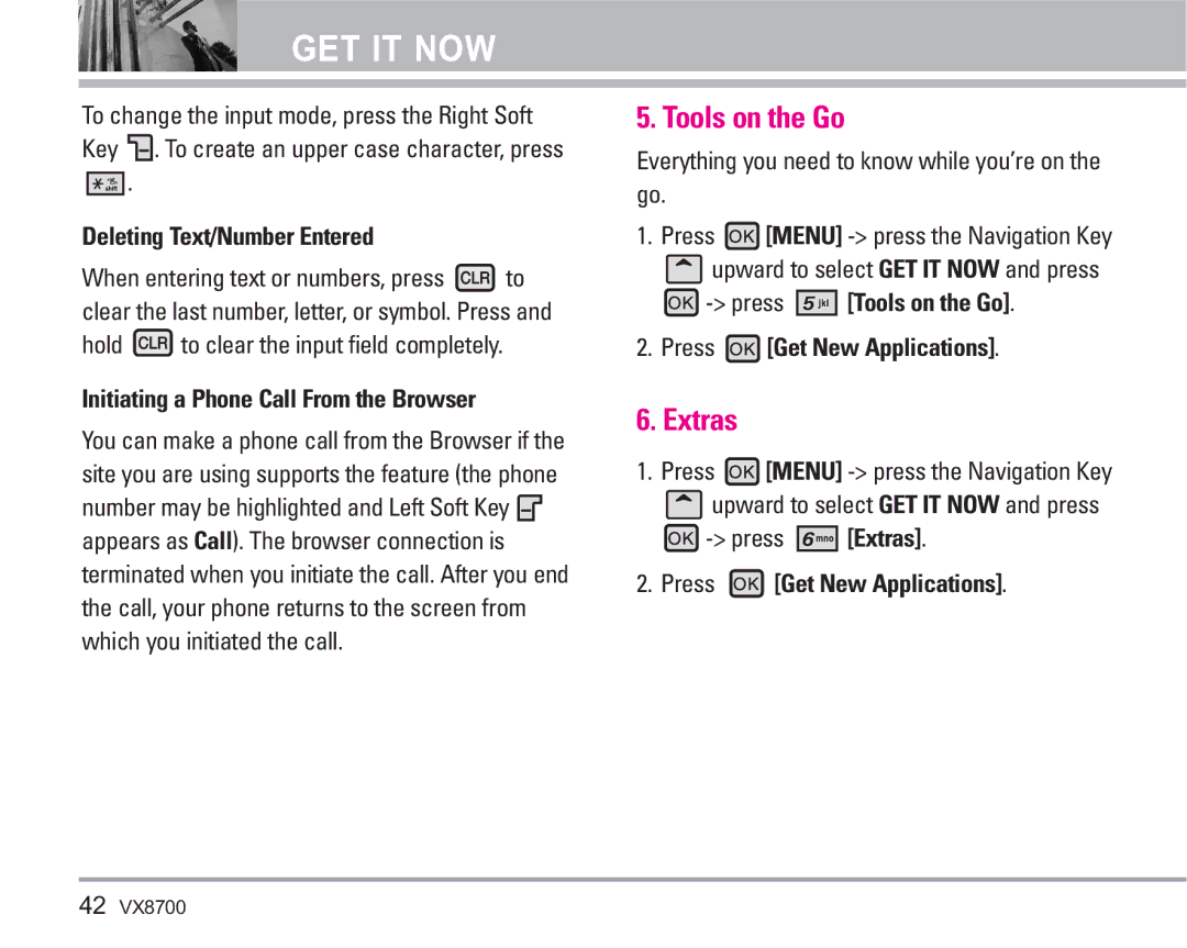 LG Electronics VX8700 Tools on the Go, Extras, Deleting Text/Number Entered, Initiating a Phone Call From the Browser 