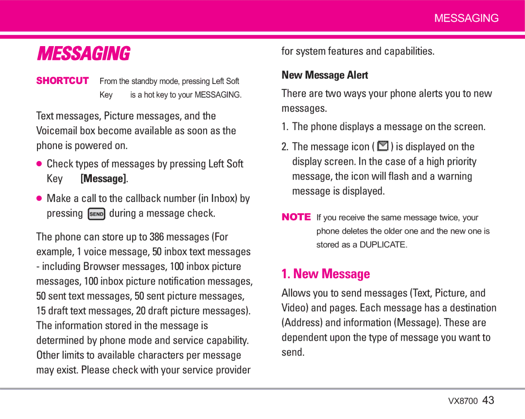 LG Electronics VX8700 manual New Message, Pressing during a message check, For system features and capabilities 