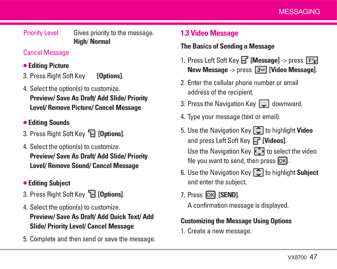 LG Electronics VX8700 manual Video Message, Editing Picture, Editing Sounds, Editing Subject, Create a new message 