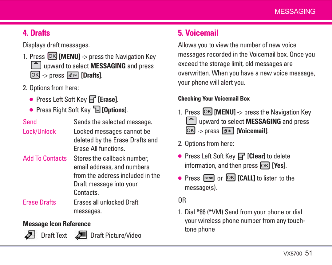LG Electronics VX8700 manual Drafts, Press Voicemail 
