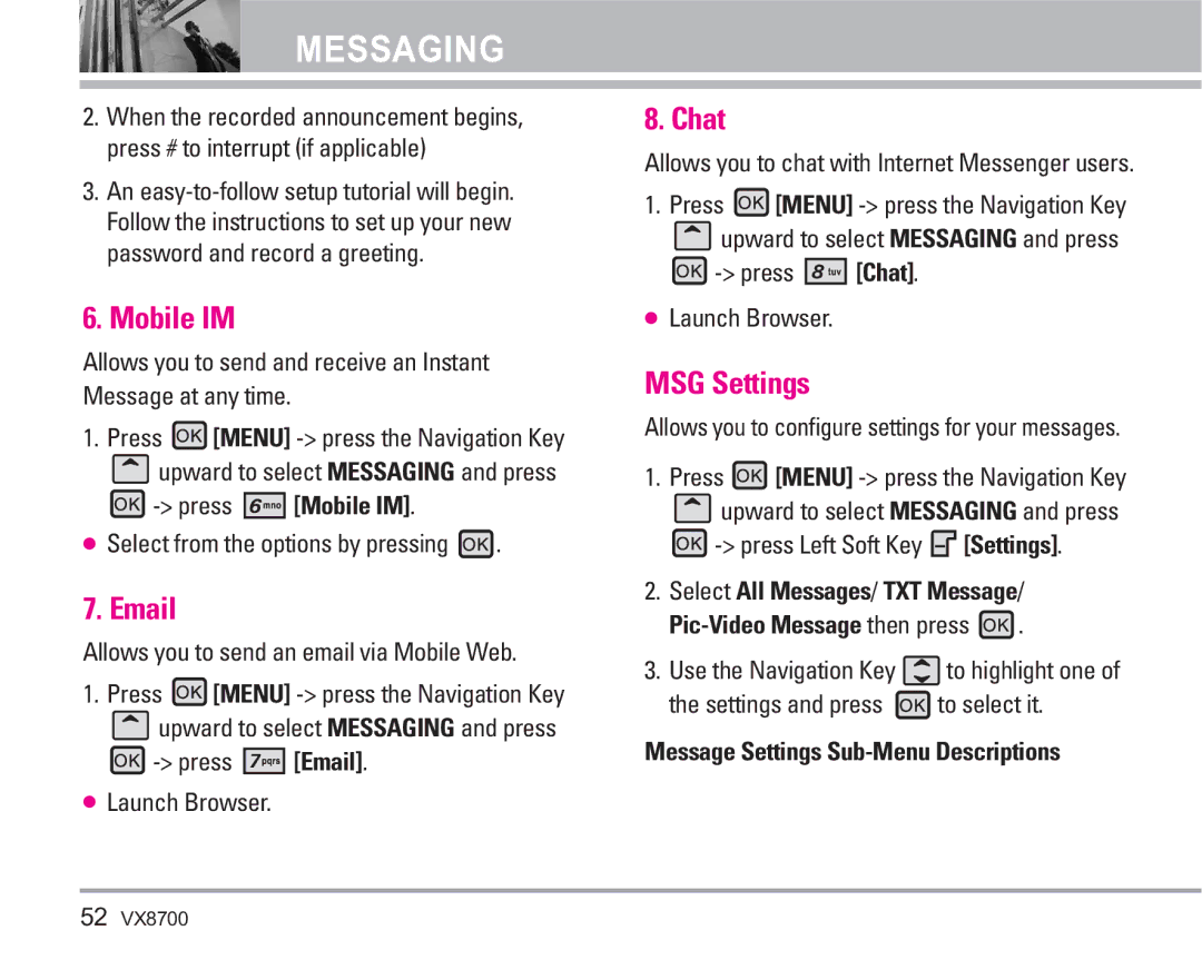 LG Electronics VX8700 manual Chat, MSG Settings, Press Mobile IM, Message Settings Sub-Menu Descriptions 