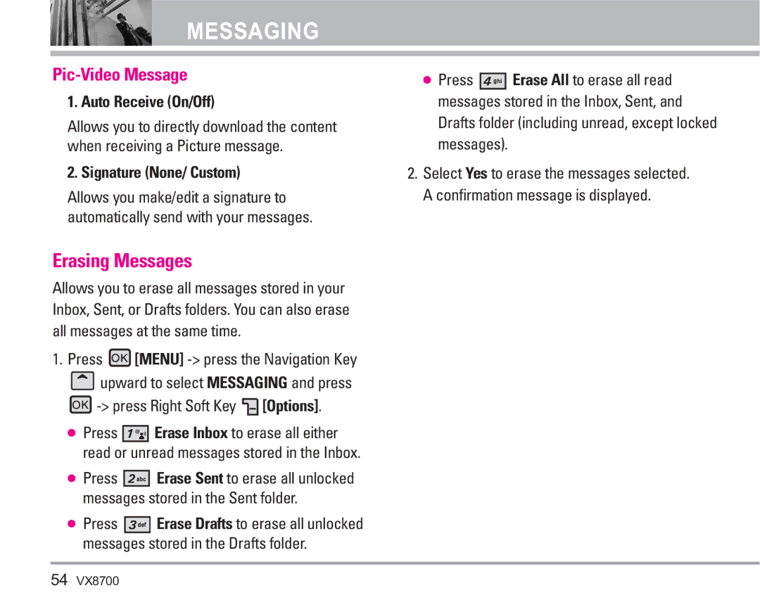 LG Electronics VX8700 manual Erasing Messages, Pic-Video Message, Auto Receive On/Off 