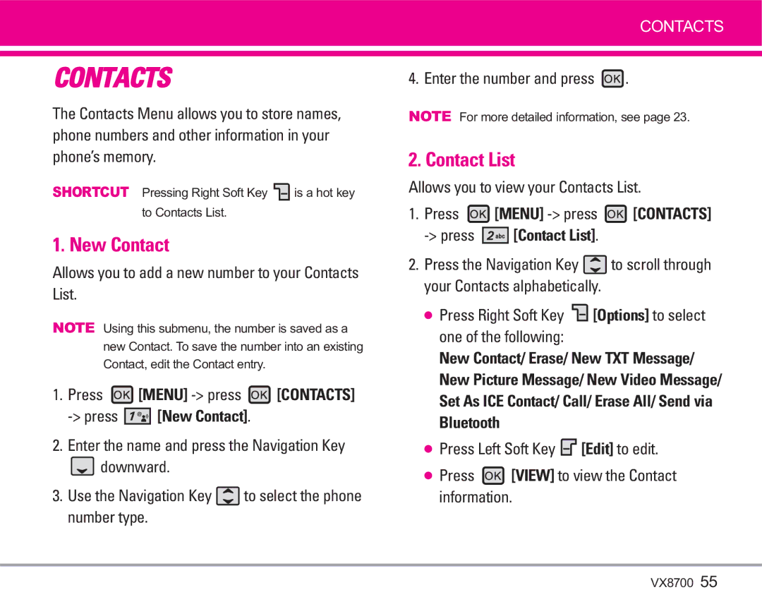 LG Electronics VX8700 manual Contact List, Press Menu press Contacts Press New Contact 