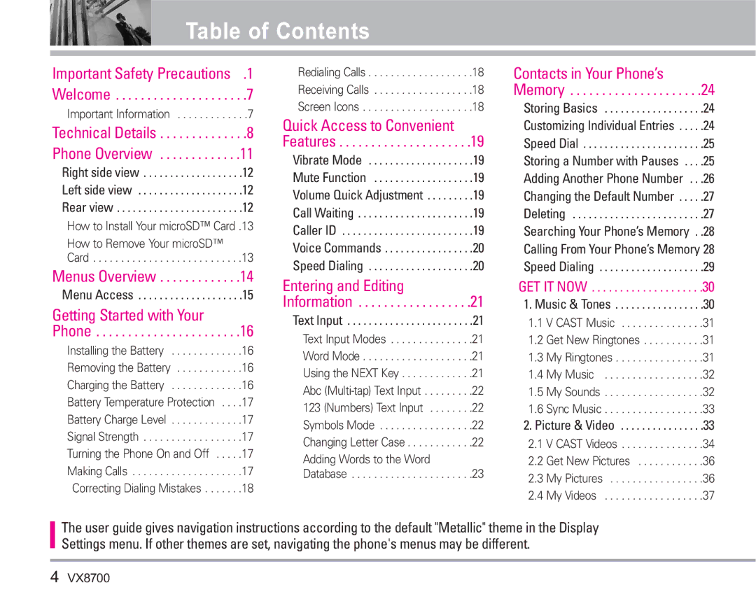 LG Electronics VX8700 manual Table of Contents 