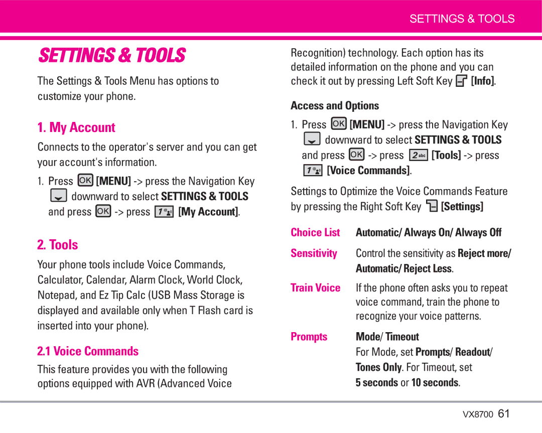 LG Electronics VX8700 manual My Account, Tools, Voice Commands 