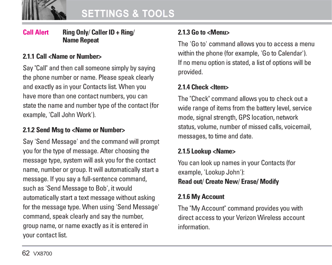 LG Electronics VX8700 Name Repeat, Call Name or Number, Send Msg to Name or Number, Go to Menu, Check Item, Lookup Name 