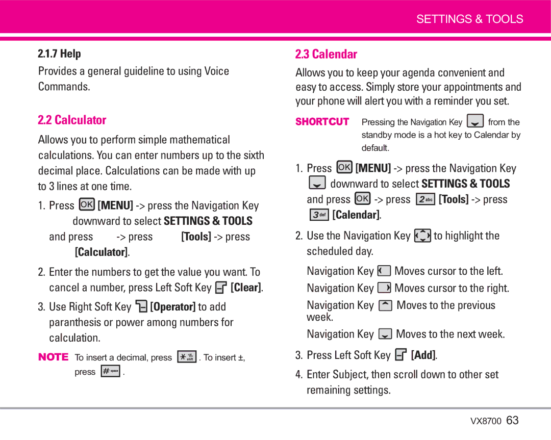 LG Electronics VX8700 manual Calculator, Calendar, Help 