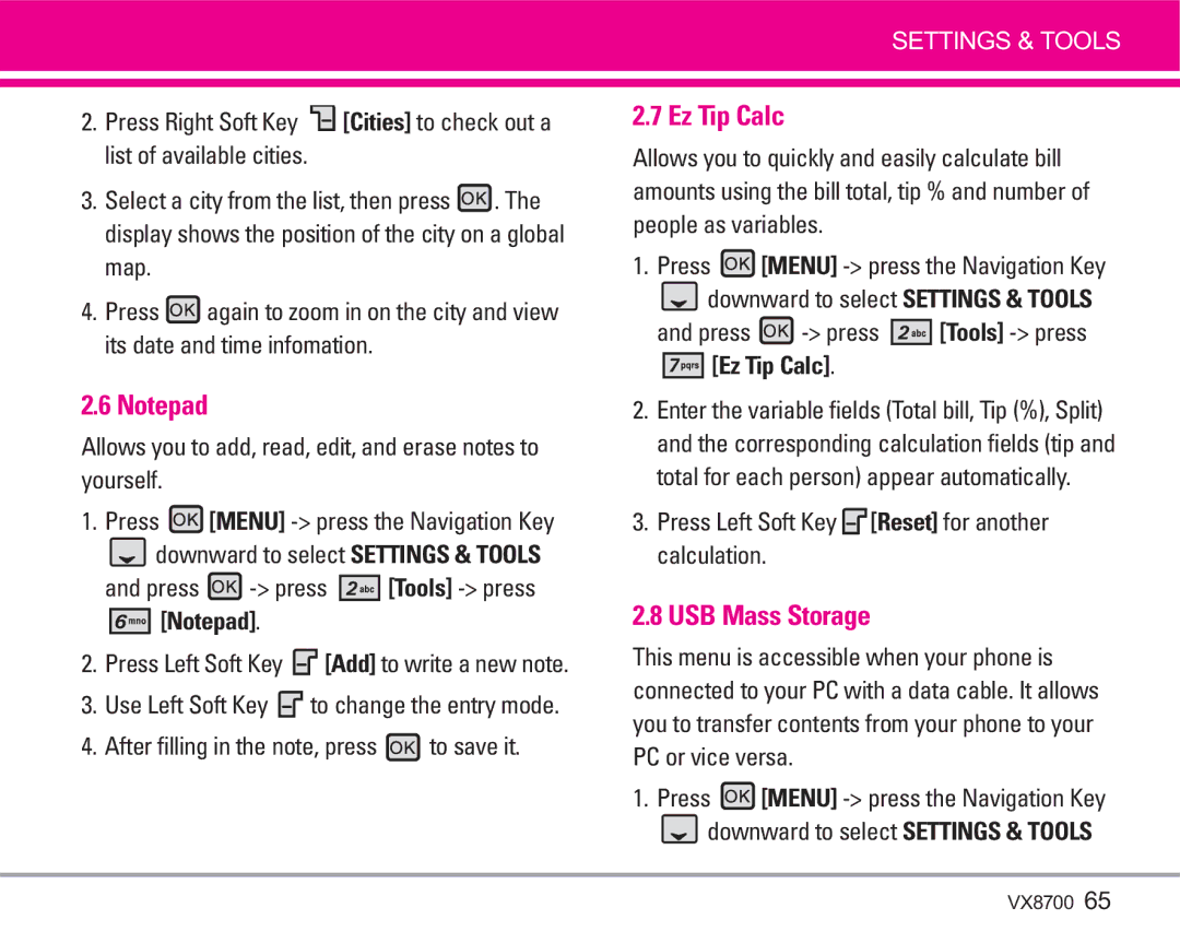 LG Electronics VX8700 manual Ez Tip Calc, USB Mass Storage, Press Left Soft Key Reset for another calculation 