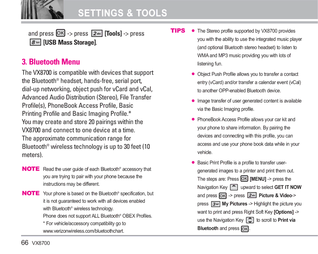 LG Electronics VX8700 manual Bluetooth Menu, Tools press 