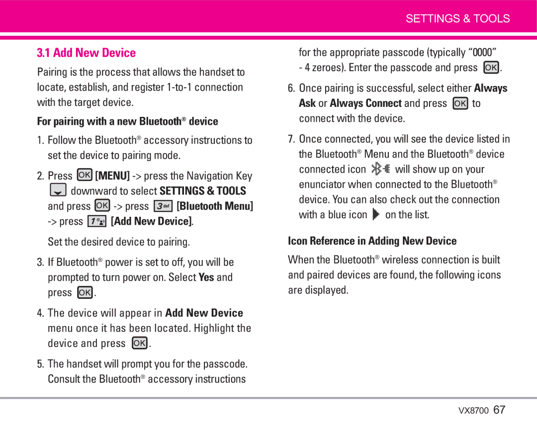 LG Electronics VX8700 manual Add New Device, For pairing with a new Bluetooth device, Icon Reference in Adding New Device 