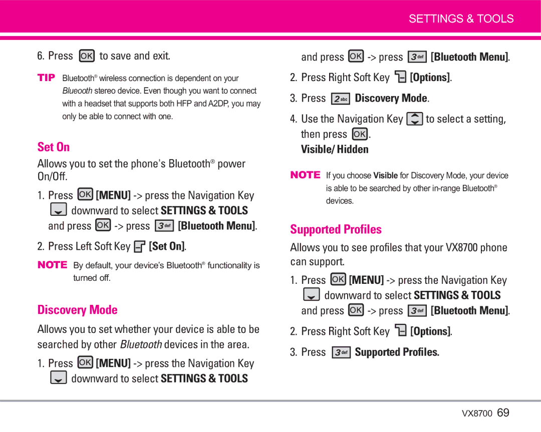 LG Electronics VX8700 manual Set On, Discovery Mode, Supported Profiles 
