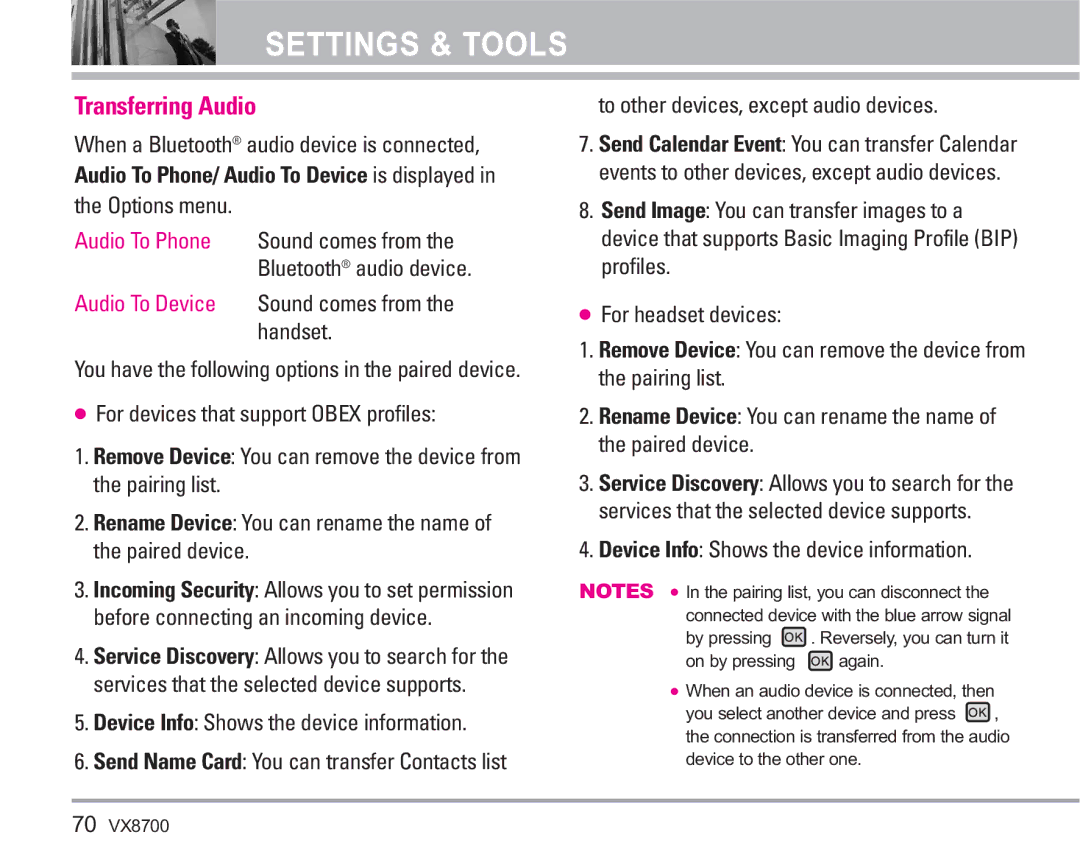 LG Electronics VX8700 manual Transferring Audio, Handset, Device Info Shows the device information 