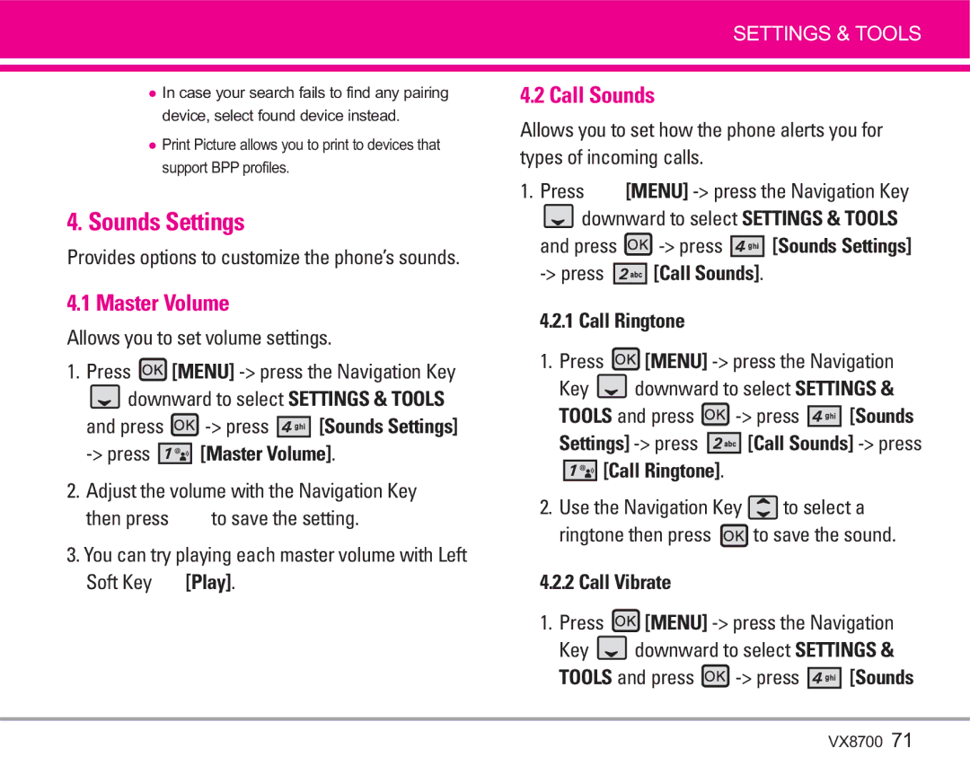 LG Electronics VX8700 manual Sounds Settings, Master Volume, Call Sounds 