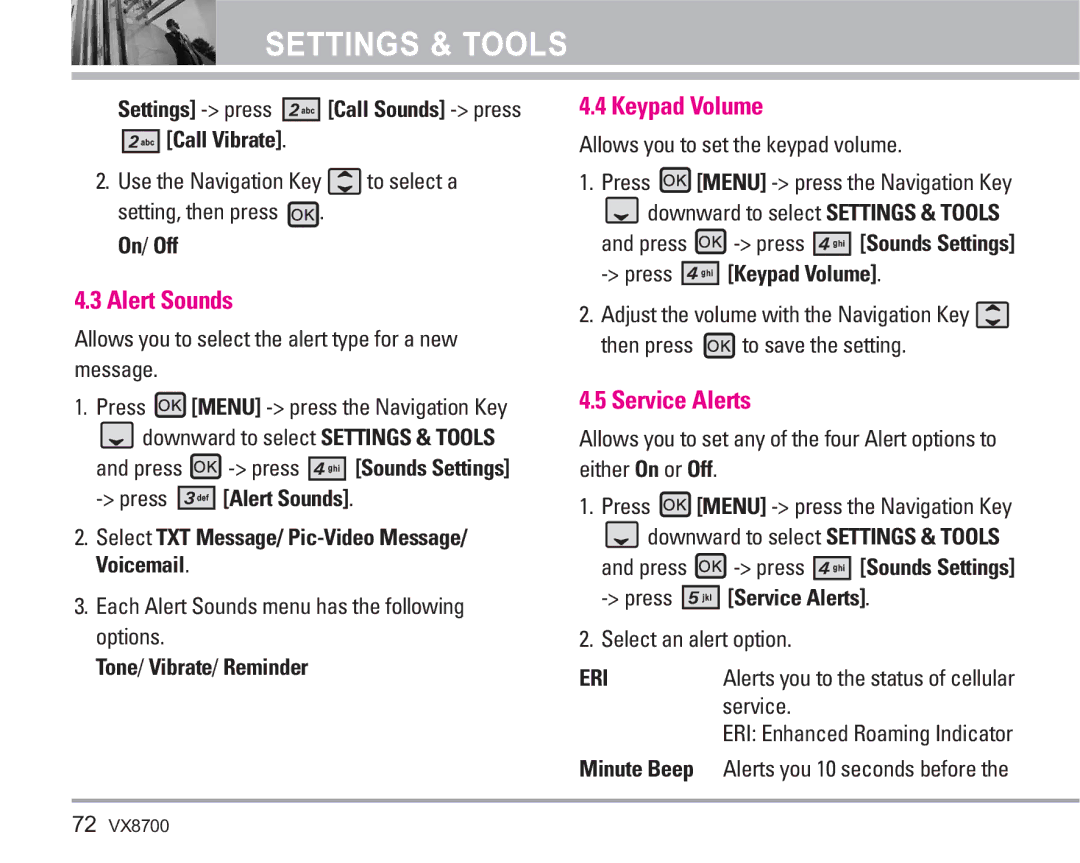 LG Electronics VX8700 manual Alert Sounds, Keypad Volume, Service Alerts 