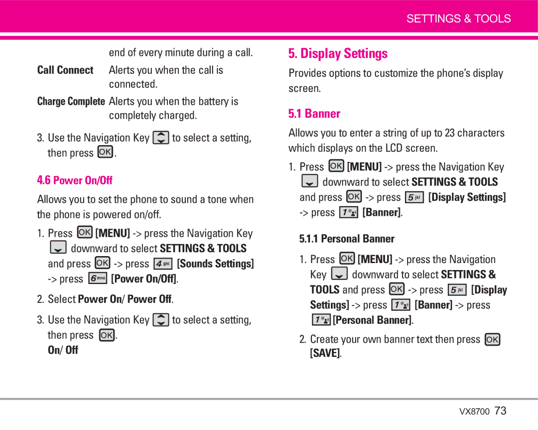 LG Electronics VX8700 manual Display Settings, Press Power On/Off Select Power On/ Power Off, Personal Banner 