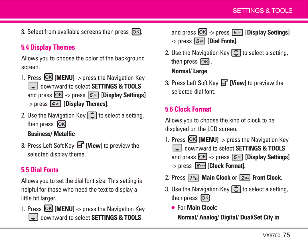 LG Electronics VX8700 manual Display Themes, Dial Fonts, Clock Format 