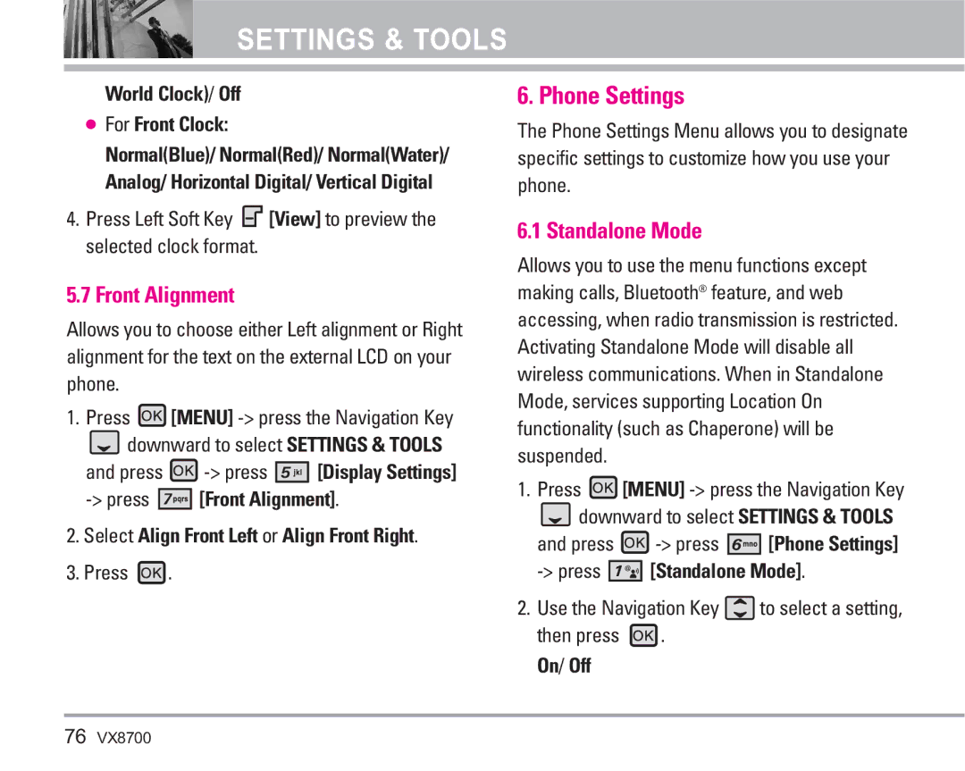 LG Electronics VX8700 manual Phone Settings, Front Alignment, Standalone Mode, World Clock/ Off For Front Clock 