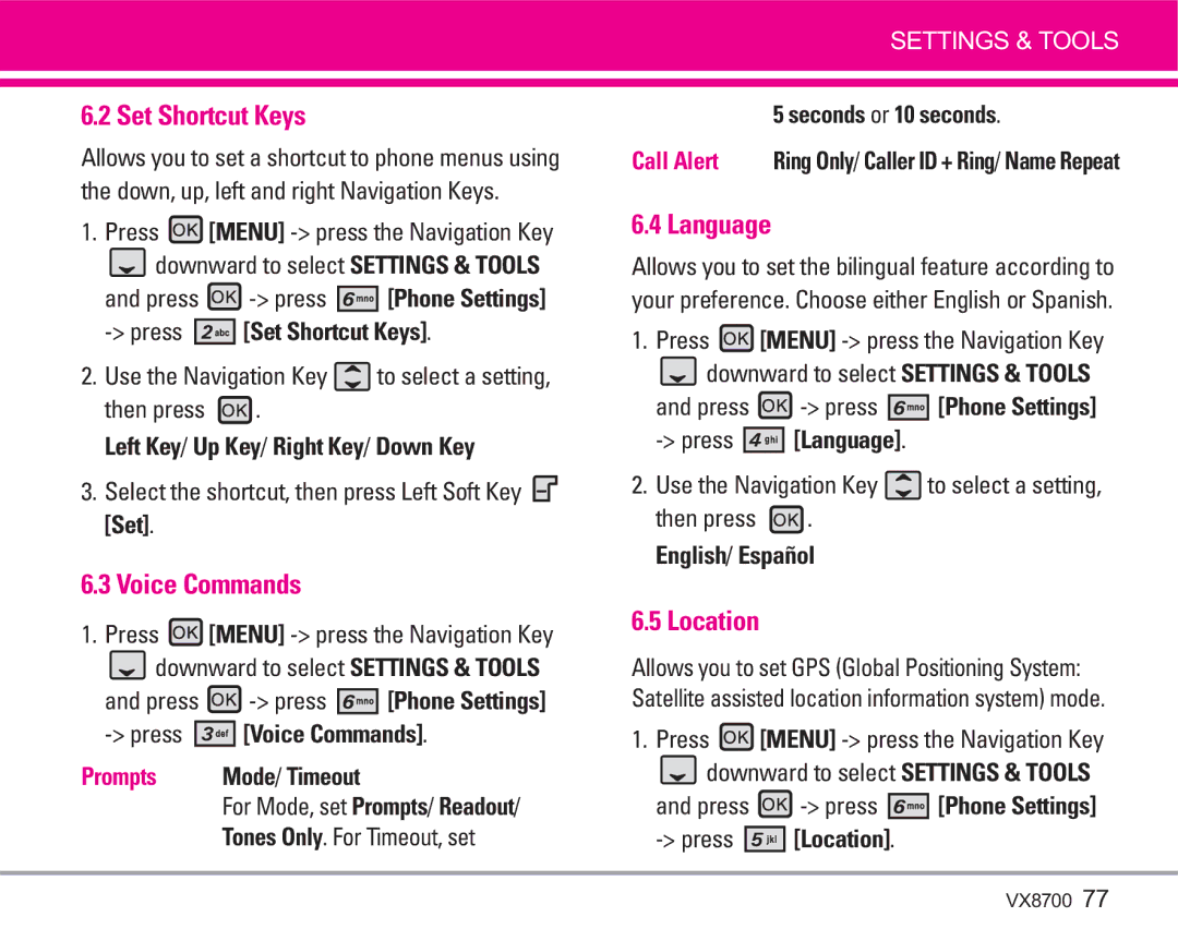 LG Electronics VX8700 manual Set Shortcut Keys, Language, Location 