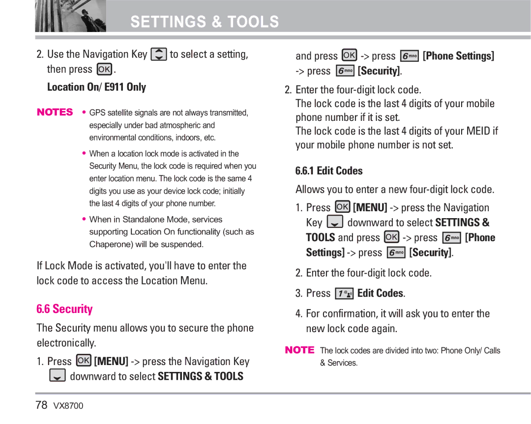 LG Electronics VX8700 manual Press Security, Settings press Security, Press Edit Codes 