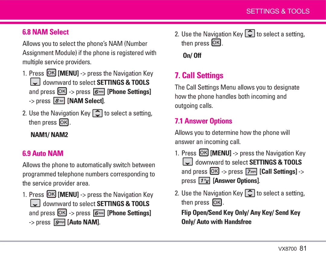 LG Electronics VX8700 manual Call Settings, NAM Select, Auto NAM, Answer Options 