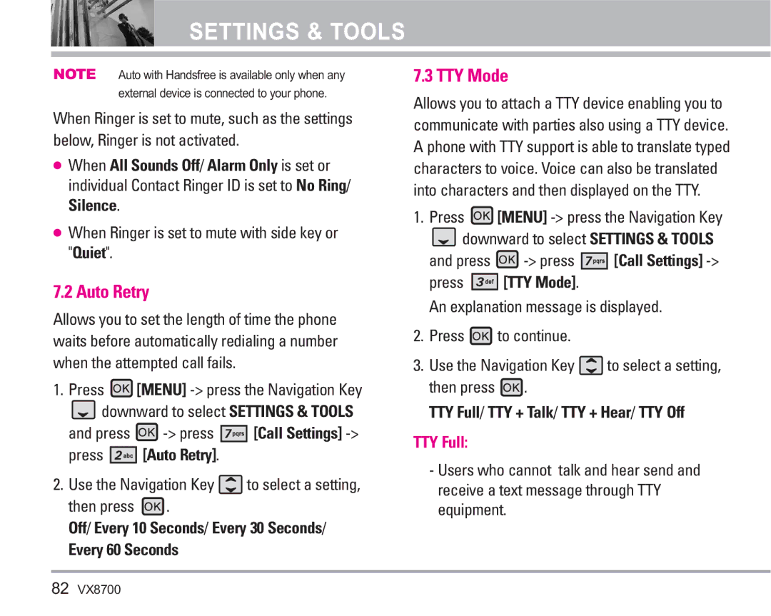 LG Electronics VX8700 manual Auto Retry, TTY Mode 