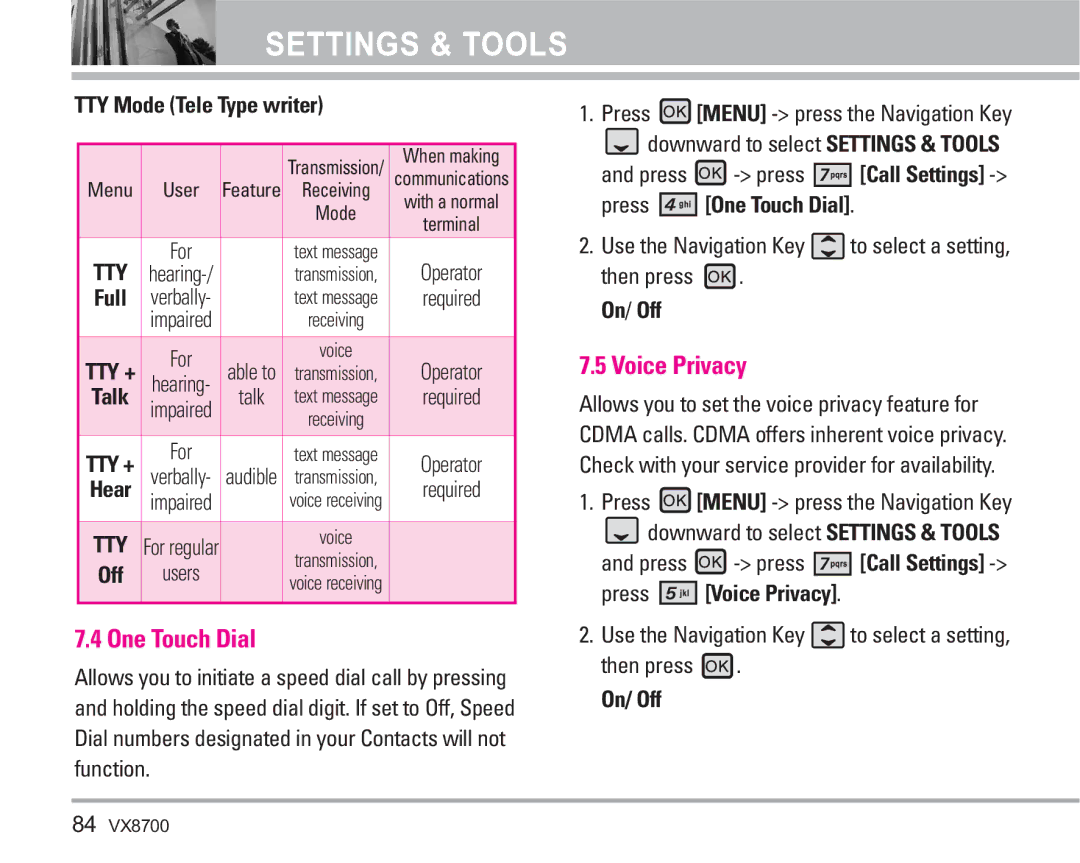 LG Electronics VX8700 manual TTY Mode Tele Type writer, Press One Touch Dial, Press Voice Privacy 