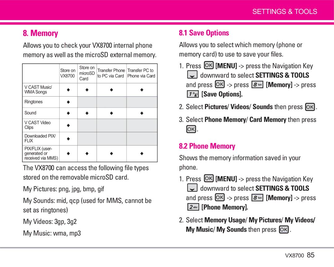 LG Electronics VX8700 manual Save Options, Phone Memory 