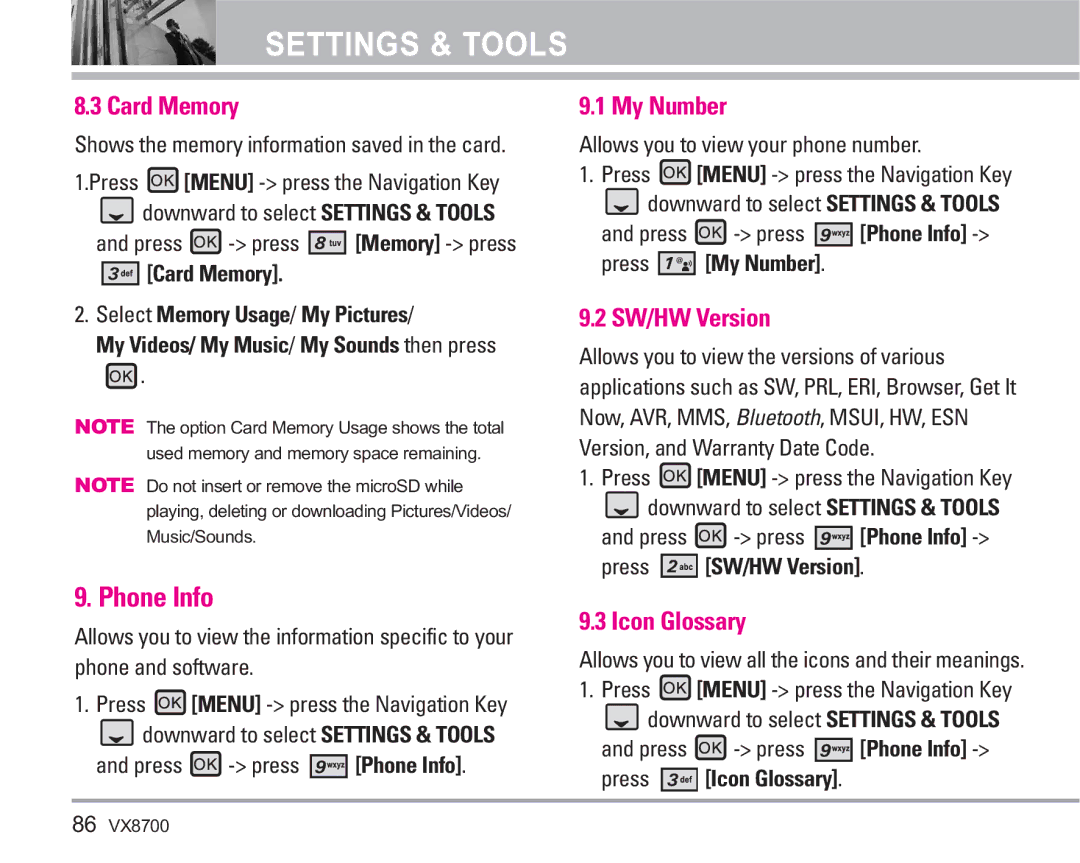 LG Electronics VX8700 manual Phone Info, Card Memory, My Number, SW/HW Version, Icon Glossary 